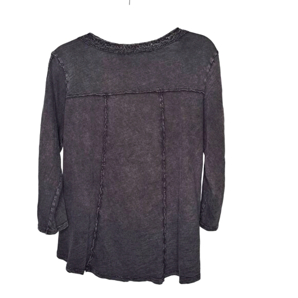 Soft Surroundings Gray Black Embroidered 3/4 Sleeve Tee Size Medium - Picture 2 of 8